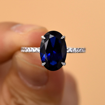 3.5Ct Classic Blue Sapphire Oval Cut  Engagement Ring In Sterling Silver-Sterling Silver-lornajewelry