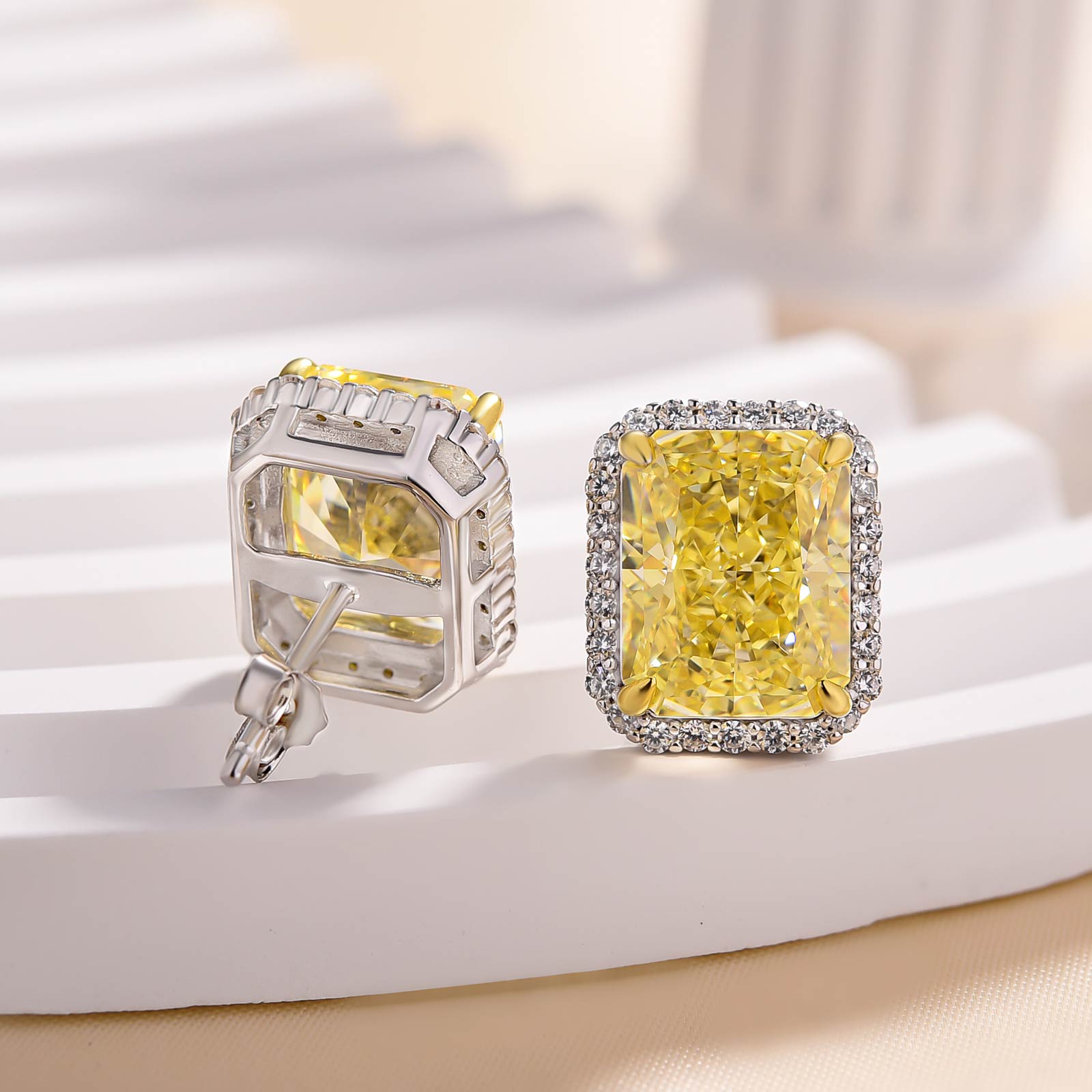 Stunning Halo Cushion Cut Yellow Sapphire Women's Stud Earring In Sterling Silver-Sterling Silver-lornajewelry