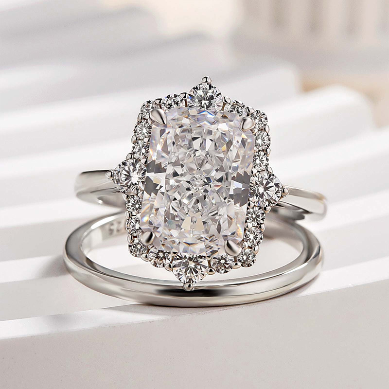 Elegant Halo Radiant Cut Wedding Set For Women In Sterling Silver-Sterling Silver-lornajewelry
