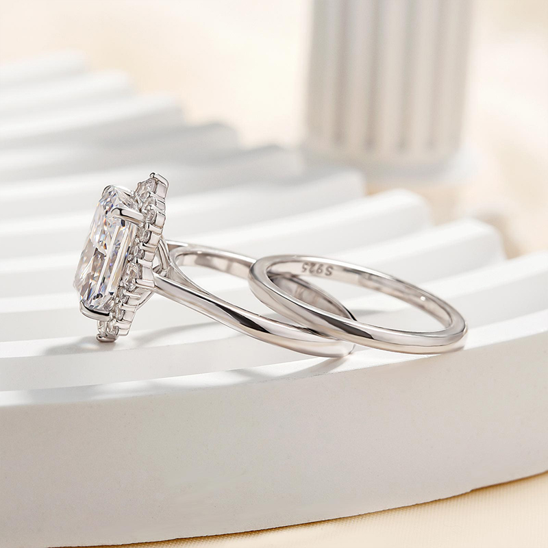 Elegant Halo Radiant Cut Wedding Set For Women In Sterling Silver-Sterling Silver-lornajewelry