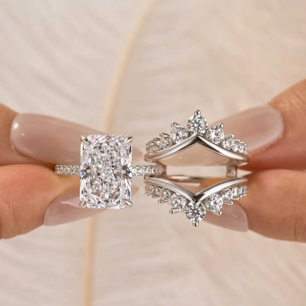 4Ct Radiant Cut Insert Wedding Ring Set with Crown Shaped Engagement Ring Enhancer in Sterling Silver