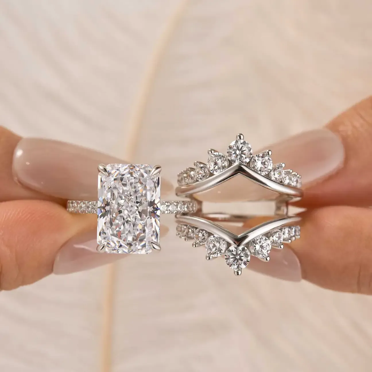 4Ct Radiant Cut Insert Wedding Ring Set with Crown Shaped Engagement Ring Enhancer in Sterling Silver