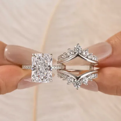 4Ct Radiant Cut Insert Wedding Ring Set with Crown Shaped Engagement Ring Enhancer in Sterling Silver