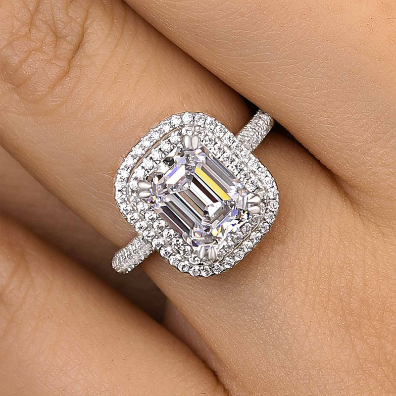 2.5Ct Attractive Double Halo Emerald Cut Engagement Ring-Sterling Silver-lornajewelry