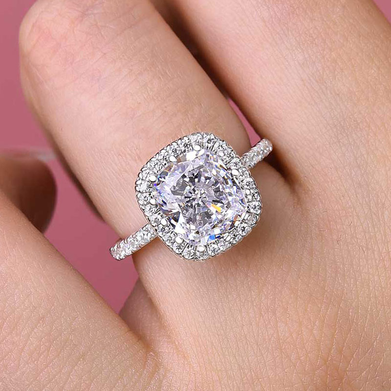 3Ct Elegant Halo Cushion Cut Engagement Ring In Sterling Silver-Sterling Silver-lornajewelry