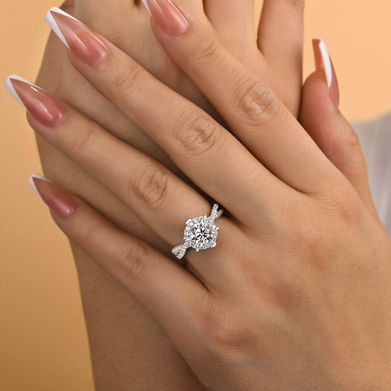 1Ct Moissanite Noble Halo Engagement Ring-Sterling Silver-lornajewelry