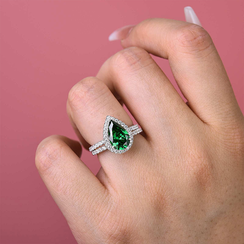 Simple 2.2 Carat Emerald Green Halo Pear Cut Wedding Set In Sterling Silver-Sterling Silver-lornajewelry