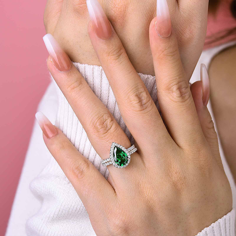 Simple 2.2 Carat Emerald Green Halo Pear Cut Wedding Set In Sterling Silver-Sterling Silver-lornajewelry