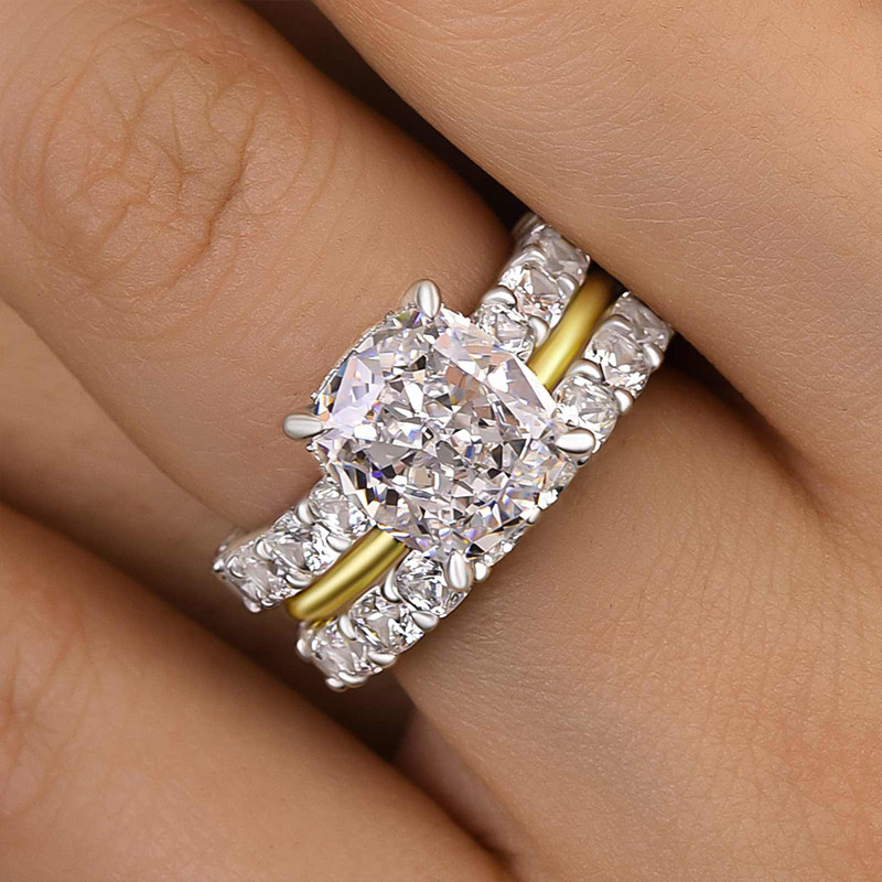 Excellent Crushed Ice Cushion Cut 3PC Wedding Ring Set In Sterling Silver-Sterling Silver-lornajewelry