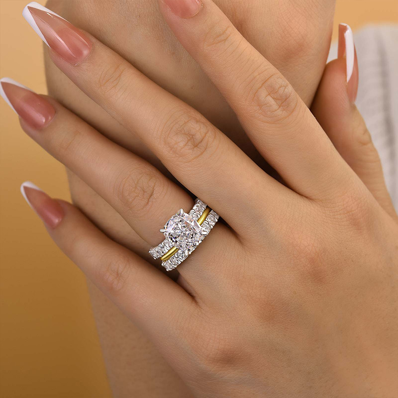 Excellent Crushed Ice Cushion Cut 3PC Wedding Ring Set In Sterling Silver-Sterling Silver-lornajewelry