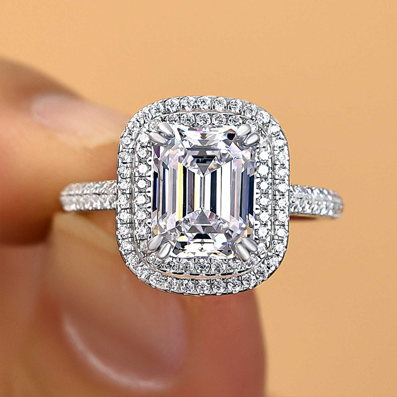2.5Ct Attractive Double Halo Emerald Cut Engagement Ring-Sterling Silver-lornajewelry