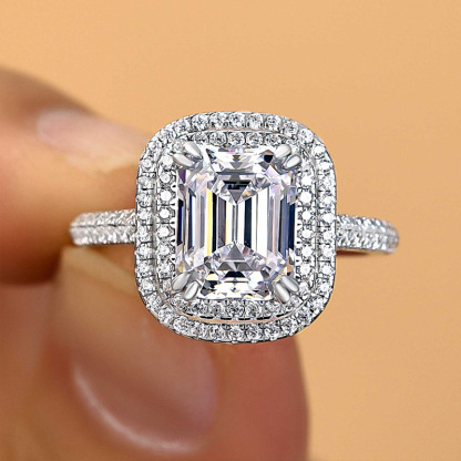 2.5Ct Attractive Double Halo Emerald Cut Engagement Ring-Sterling Silver-lornajewelry