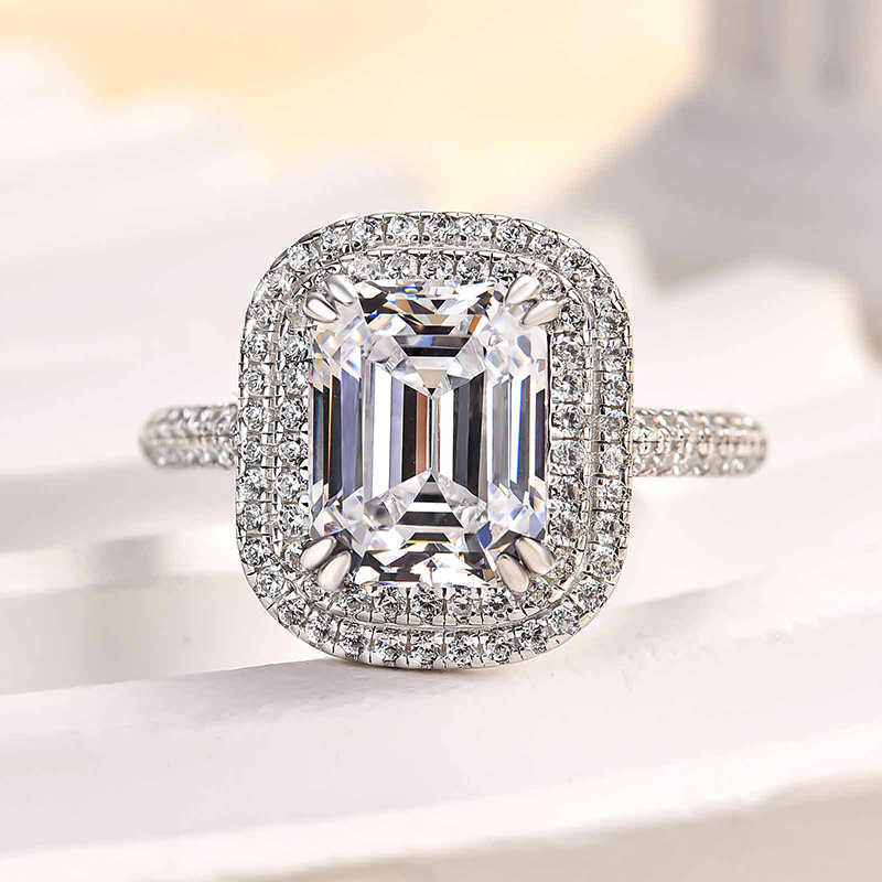 2.5Ct Attractive Double Halo Emerald Cut Engagement Ring-Sterling Silver-lornajewelry