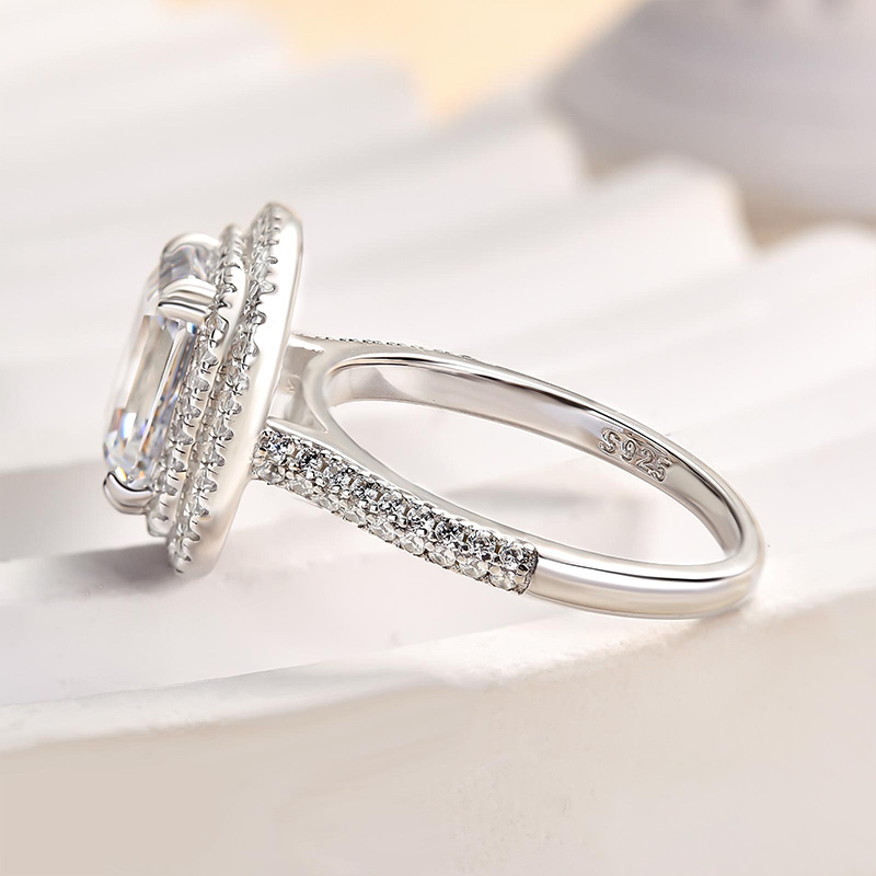 2.5Ct Attractive Double Halo Emerald Cut Engagement Ring-Sterling Silver-lornajewelry