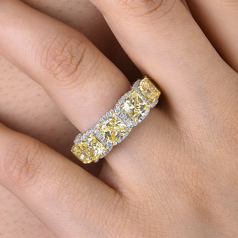 Luxurious Halo Cushion Cut Yellow Sapphire Wedding Band for Her In Sterling Silver-Sterling Silver-lornajewelry