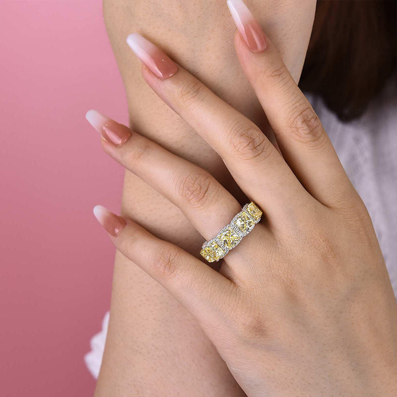 Luxurious Halo Cushion Cut Yellow Sapphire Wedding Band for Her In Sterling Silver-Sterling Silver-lornajewelry