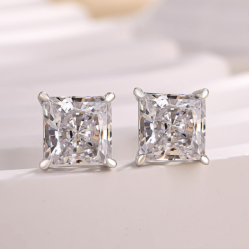 Princess Cut  Stud Earrings In Sterling Silver-Sterling Silver-lornajewelry