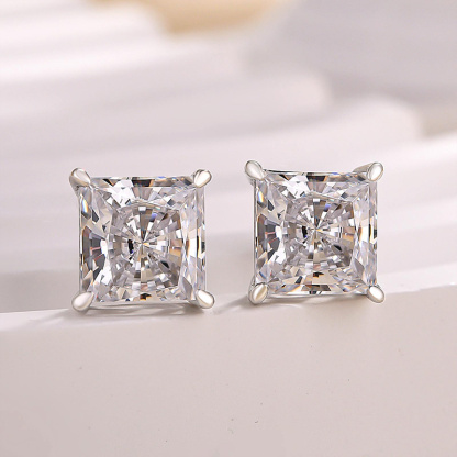 Princess Cut  Stud Earrings In Sterling Silver-Sterling Silver-lornajewelry