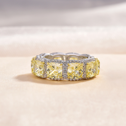 Luxurious Halo Cushion Cut Yellow Sapphire Wedding Band for Her In Sterling Silver-Sterling Silver-lornajewelry