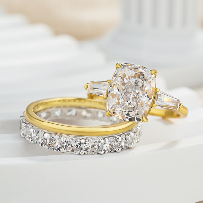 Luxury Cushion Cut Three Stone 3PC Wedding Set In Sterling Silver-Sterling Silver-lornajewelry