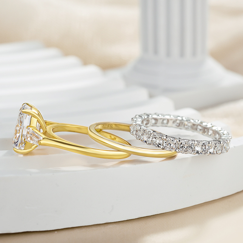 Luxury Cushion Cut Three Stone 3PC Wedding Set In Sterling Silver-Sterling Silver-lornajewelry