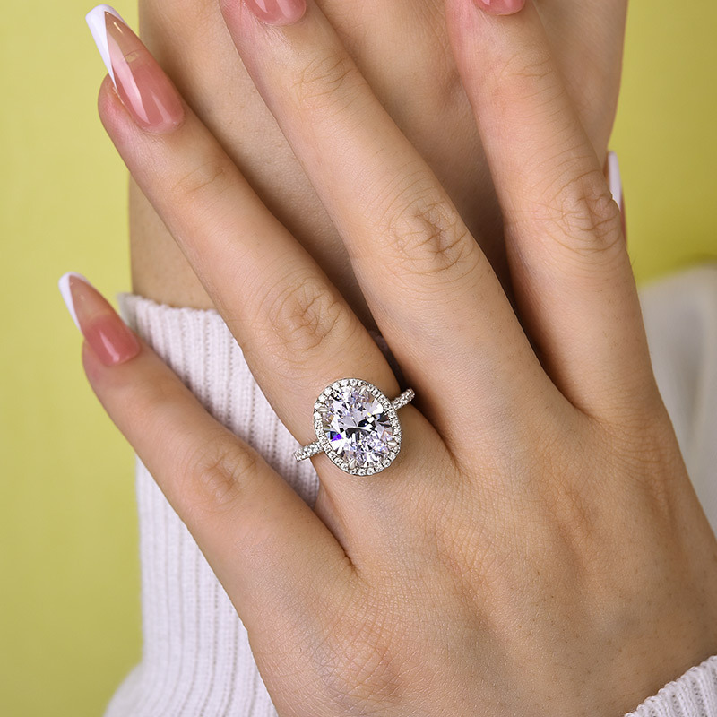 3.5Ct Halo White Gold Oval Cut  Engagement Ring-Sterling Silver-lornajewelry