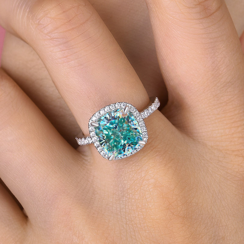 5Ct Exquisite Halo Cushion Cut Cyan Blue Engagement Ring In Sterling Silver-Sterling Silver-lornajewelry