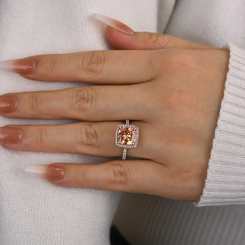 4Ct Elegant Rose Gold Halo Cushion Cut Champagne Engagement Ring In Sterling Silver-Sterling Silver-lornajewelry