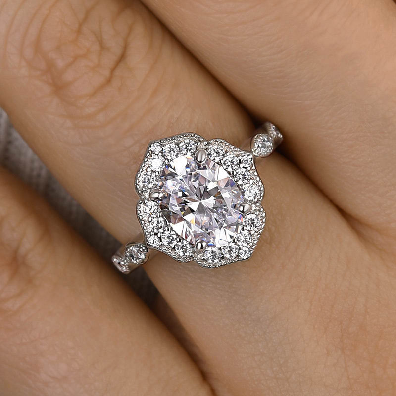 1.8Ct Vintage Halo Oval Cut Engagement Ring In Sterling Silver-Sterling Silver-lornajewelry