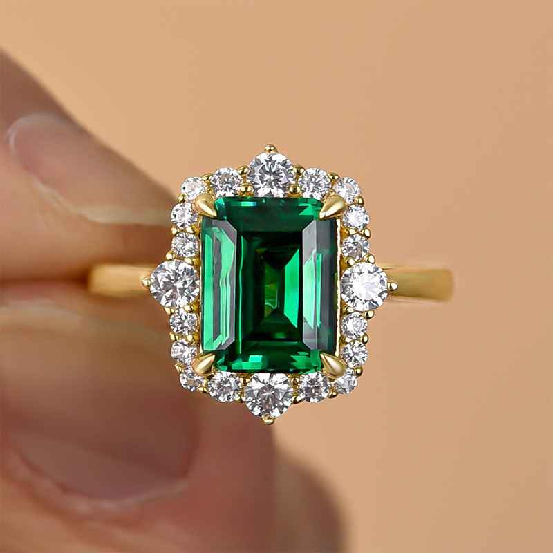 3Ct Yellow Gold Halo Emerald Cut Emerald Green Engagement Ring In Sterling Silver-Sterling Silver-lornajewelry