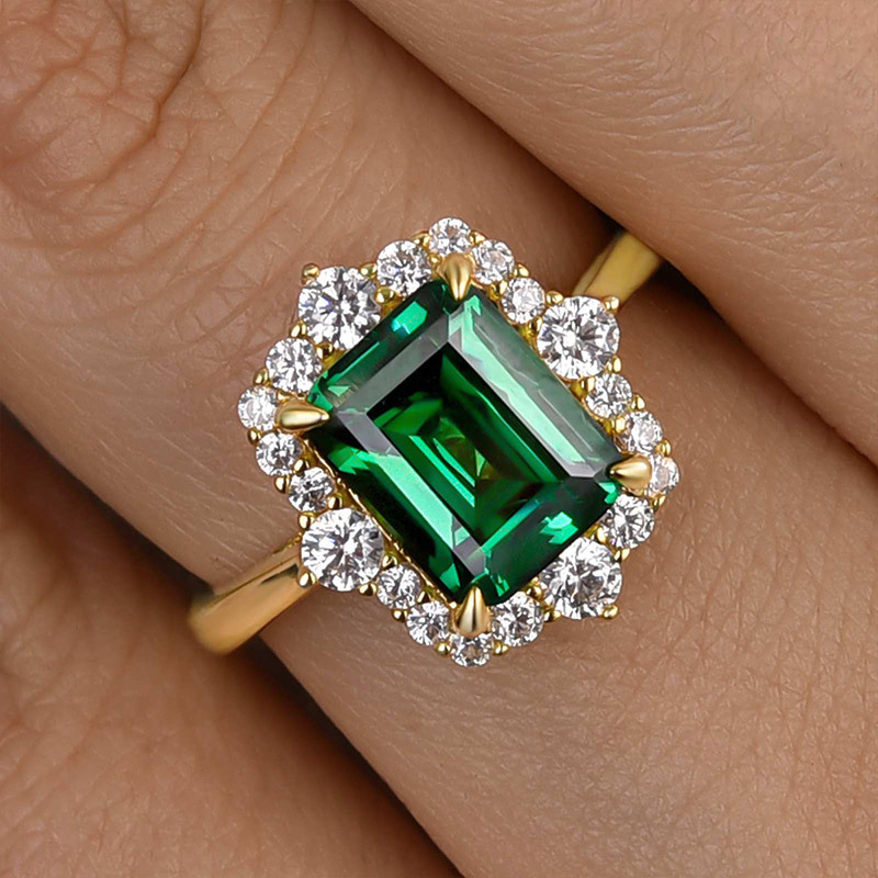 3Ct Yellow Gold Halo Emerald Cut Emerald Green Engagement Ring In Sterling Silver-Sterling Silver-lornajewelry