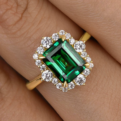3Ct Yellow Gold Halo Emerald Cut Emerald Green Engagement Ring In Sterling Silver-Sterling Silver-lornajewelry