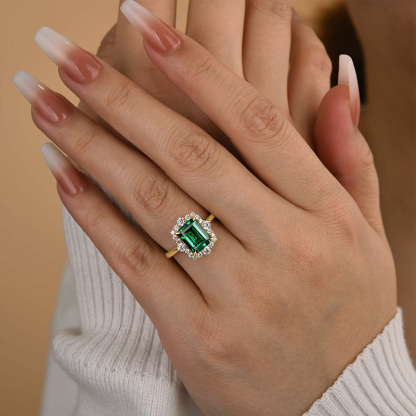 3Ct Yellow Gold Halo Emerald Cut Emerald Green Engagement Ring In Sterling Silver-Sterling Silver-lornajewelry
