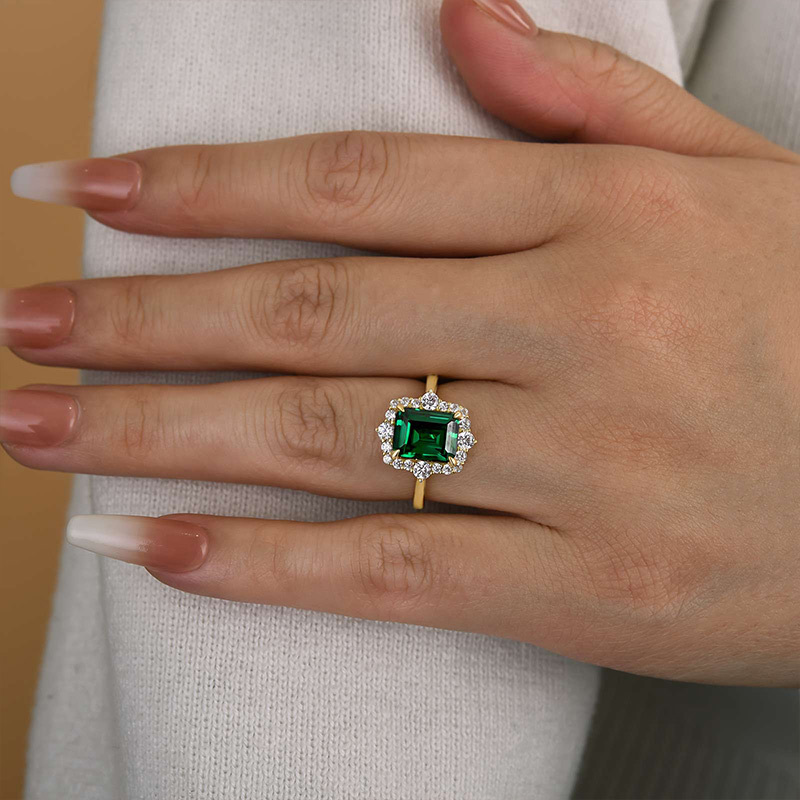 3Ct Yellow Gold Halo Emerald Cut Emerald Green Engagement Ring In Sterling Silver-Sterling Silver-lornajewelry