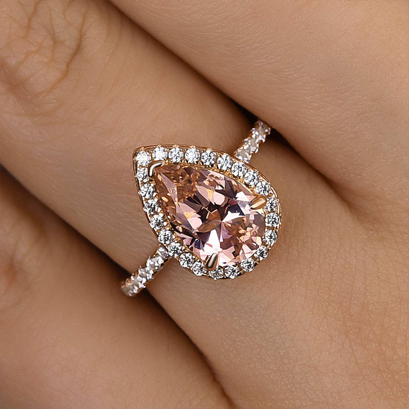 3Ct Halo Pear Cut Synthetic Morganite Engagement Ring In Sterling Silver-Sterling Silver-lornajewelry