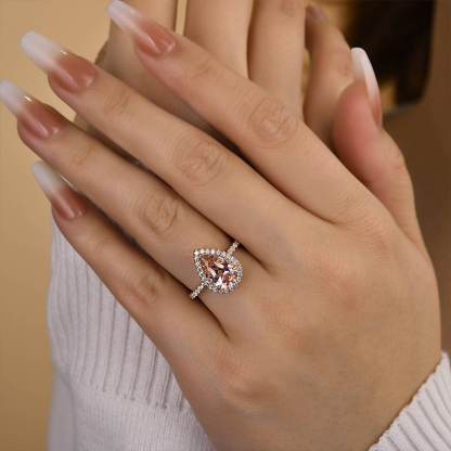3Ct Halo Pear Cut Synthetic Morganite Engagement Ring In Sterling Silver-Sterling Silver-lornajewelry