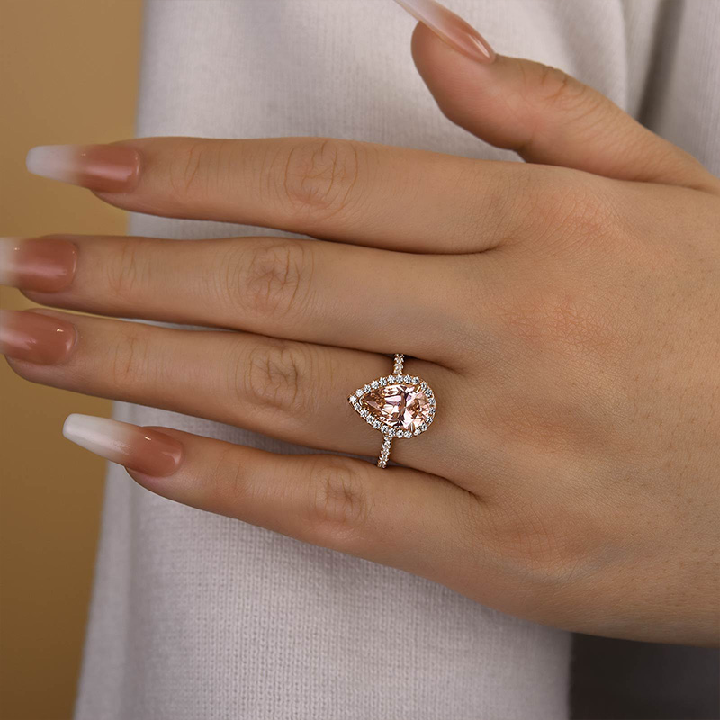 3Ct Halo Pear Cut Synthetic Morganite Engagement Ring In Sterling Silver-Sterling Silver-lornajewelry