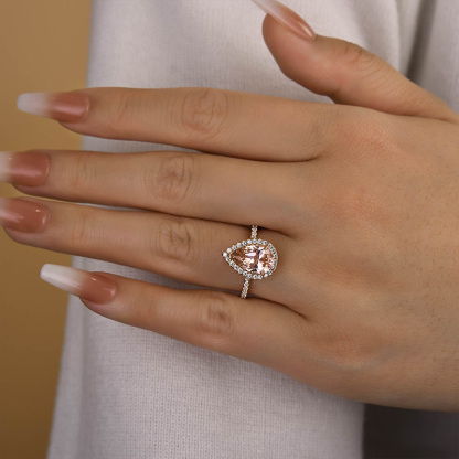 3Ct Halo Pear Cut Synthetic Morganite Engagement Ring In Sterling Silver-Sterling Silver-lornajewelry