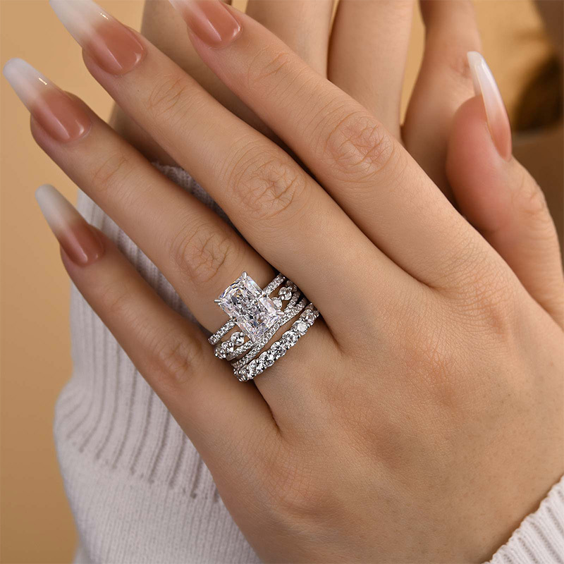 Excellent Crushed Ice Radiant Cut 4PC Wedding Ring Set-Sterling Silver-lornajewelry
