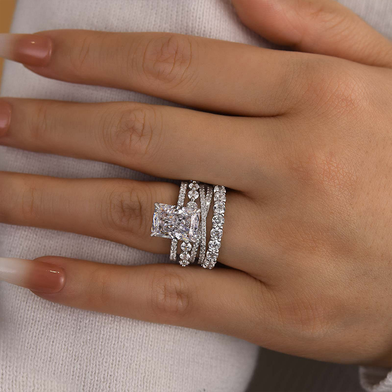 Excellent Crushed Ice Radiant Cut 4PC Wedding Ring Set-Sterling Silver-lornajewelry