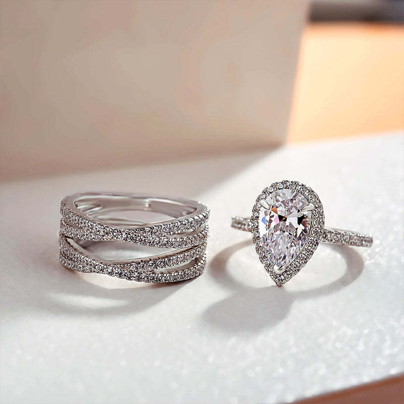 Classic Halo Pear Cut Wedding Ring Set In Sterling Silver-Sterling Silver-lornajewelry
