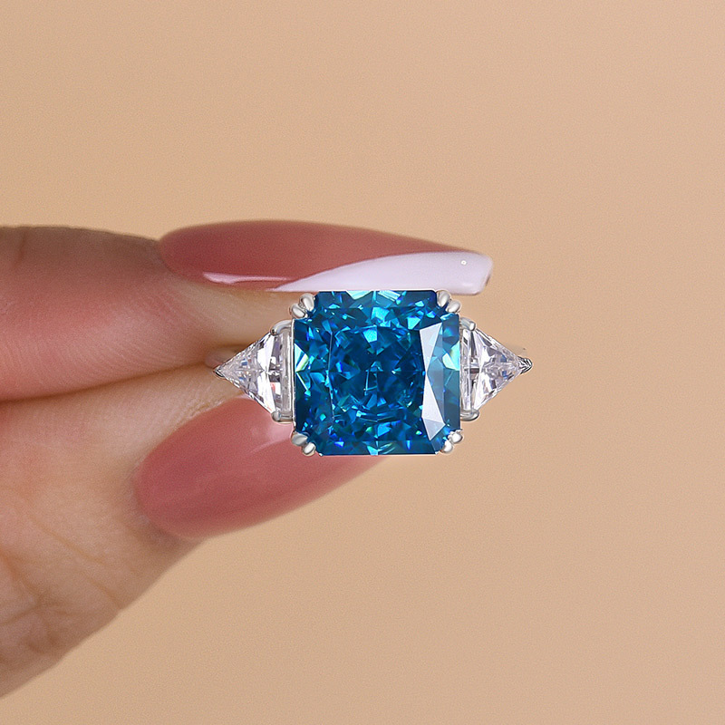 5Ct Luxury Radiant & Triangle Cut Sapphire Three Stone Engagement Ring In Sterling Silver-Sterling Silver-lornajewelry