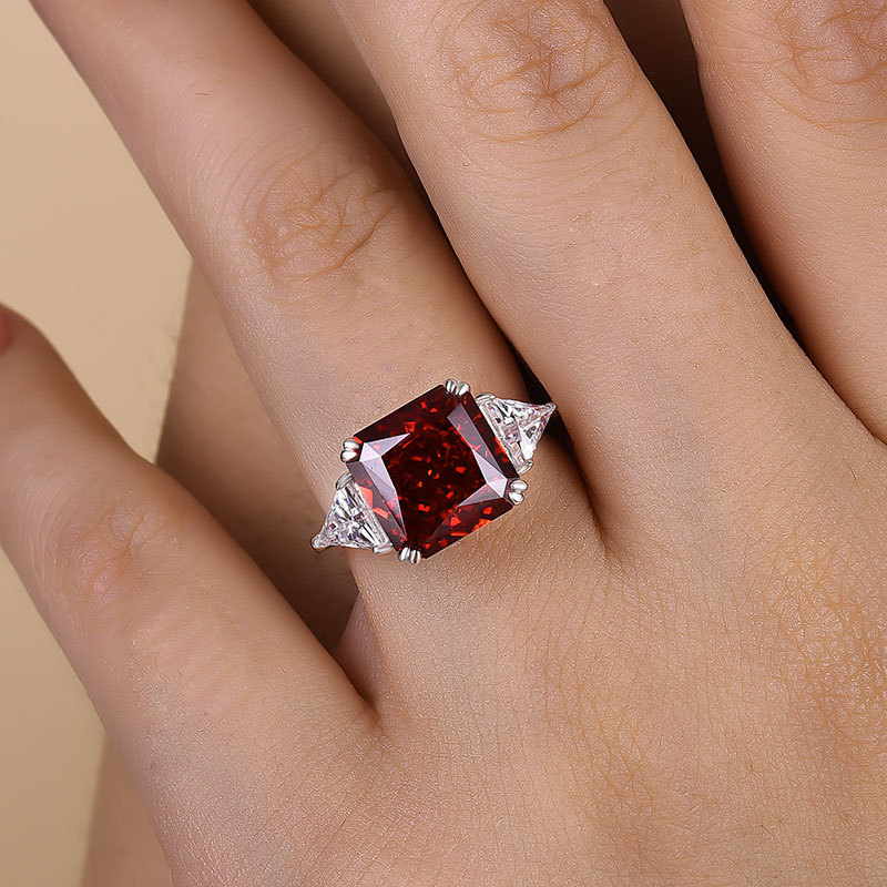 5Ct Ruby Radiant Cut Three Stone Engagement Ring With Triangle Cut Site-stones-Sterling Silver-lornajewelry