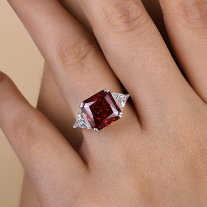 5Ct Ruby Radiant Cut Three Stone Engagement Ring With Triangle Cut Site-stones-Sterling Silver-lornajewelry