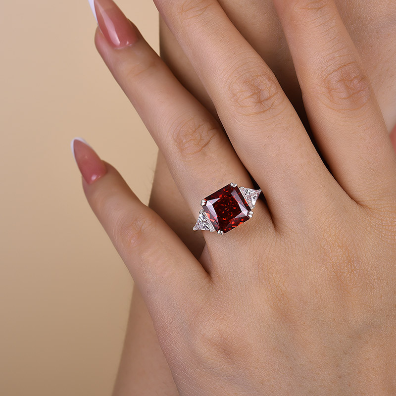 5Ct Ruby Radiant Cut Three Stone Engagement Ring With Triangle Cut Site-stones-Sterling Silver-lornajewelry