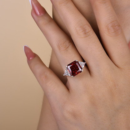 5Ct Ruby Radiant Cut Three Stone Engagement Ring With Triangle Cut Site-stones-Sterling Silver-lornajewelry
