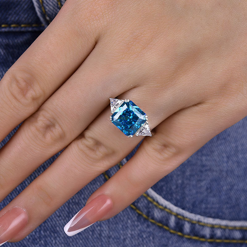 5Ct Luxury Radiant & Triangle Cut Sapphire Three Stone Engagement Ring In Sterling Silver-Sterling Silver-lornajewelry