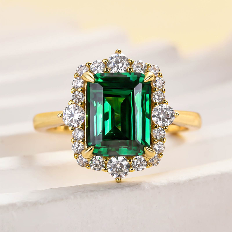 3Ct Yellow Gold Halo Emerald Cut Emerald Green Engagement Ring In Sterling Silver-Sterling Silver-lornajewelry