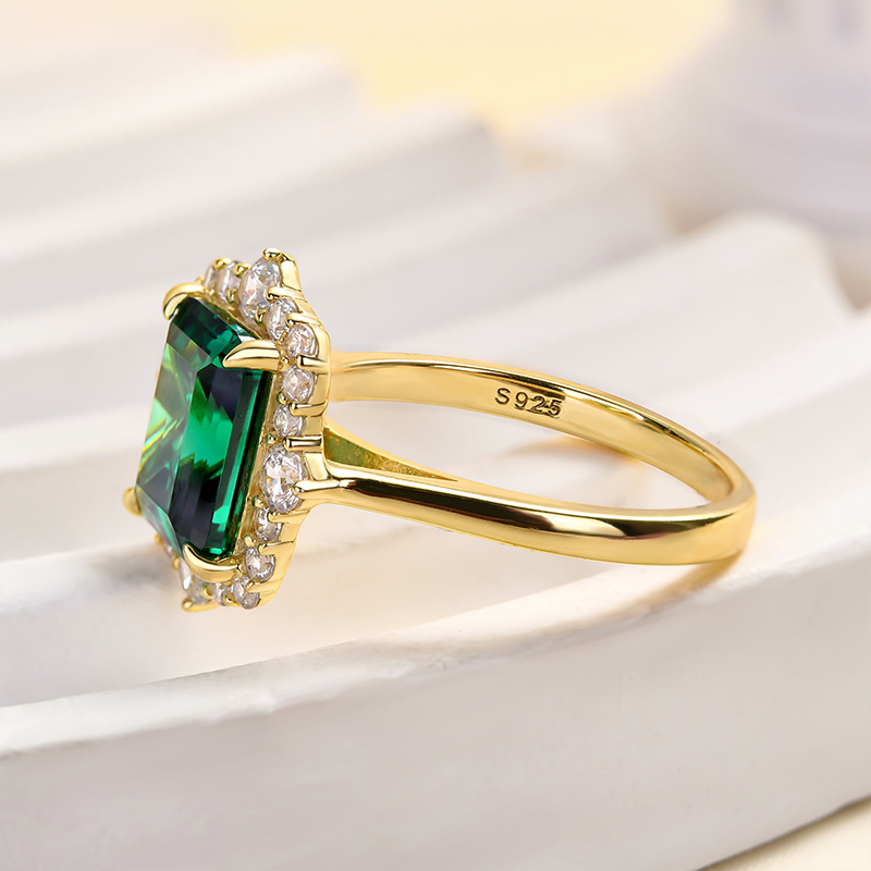 3Ct Yellow Gold Halo Emerald Cut Emerald Green Engagement Ring In Sterling Silver-Sterling Silver-lornajewelry