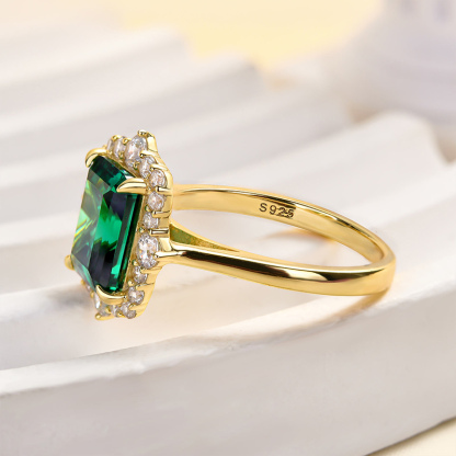 3Ct Yellow Gold Halo Emerald Cut Emerald Green Engagement Ring In Sterling Silver-Sterling Silver-lornajewelry
